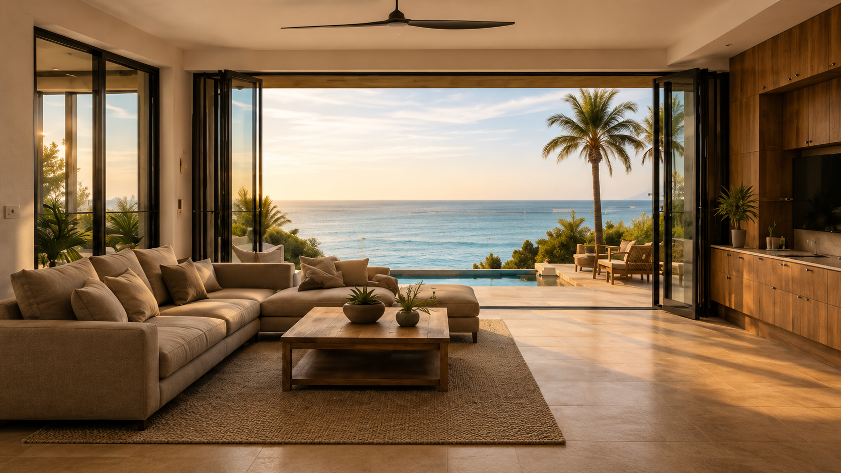 Living room open to ocean view